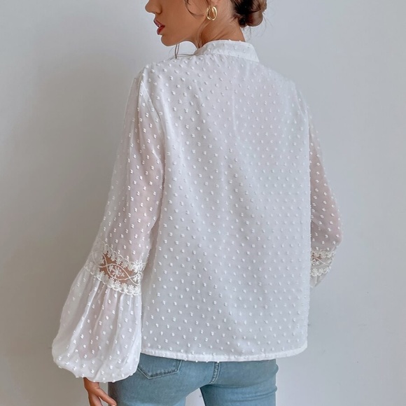 Boho White Swiss Dot Tassel Neck Tie Top - Picture 7 of 7